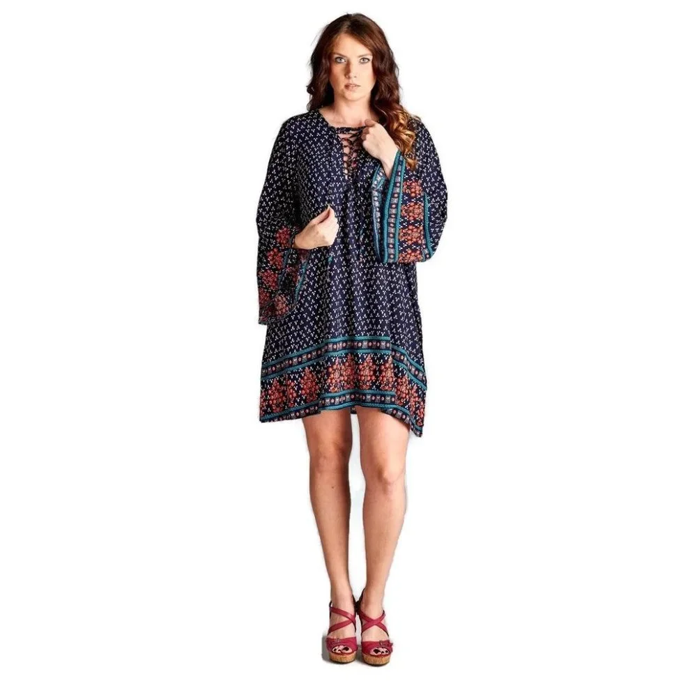 Velzera Border Print Floral Bohemian Dress, Blue - Picture 1 of 4